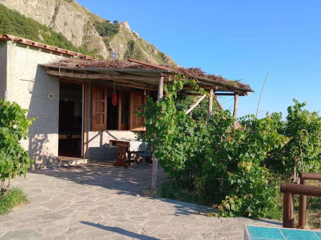 Antica casa in pietra con pergolato di canne, circondata da viti e con il monte alle spalle